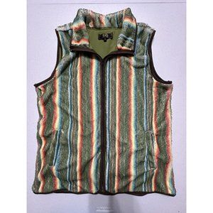 Lucky & Blessed L&B Faux Fur Fuzzy Multicolored Striped Zip Vest Pockets Retro M